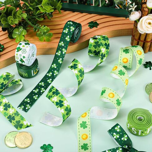 Whaline 6 Rolls St. Patrick's Day Grosgrain Ribbons 30 Yards Green Shamrock Clover Lucky Charm Fabric Craft Ribbon for Wreath Bow Gift Wrap Party Decor, 7/8" in Saudi Arabia