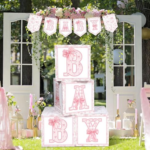 Eersida 5 Pcs Pink Bow Boxes with Letters Pink Bow Paper Balloon Blocks Banne Floral Box Decorations for Birthday Party in Saudi Arabia