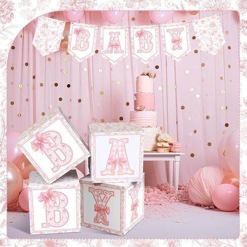Eersida 5 Pcs Pink Bow Boxes with Letters Pink Bow Paper Balloon Blocks Banne Floral Box Decorations for Birthday Party in Saudi Arabia