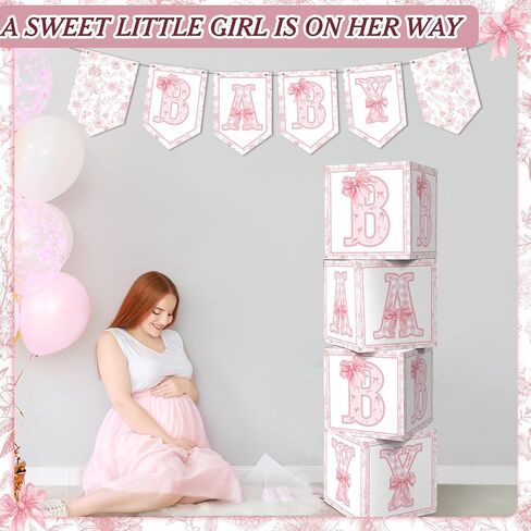 Eersida 5 Pcs Pink Bow Boxes with Letters Pink Bow Paper Balloon Blocks Banne Floral Box Decorations for Birthday Party in Saudi Arabia