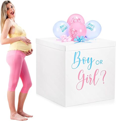 Kolldenn 28 Inches Jumbo Gender Reveal Gift Box with Lid Kit, Extra Large White Gift Box with Boy or Girl Balloon, Stickers and Giant Pull Bows for Gender Reveal Birthday Party Decor Baby Shower in Saudi Arabia