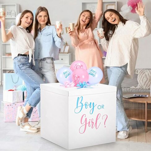 Kolldenn 28 Inches Jumbo Gender Reveal Gift Box with Lid Kit, Extra Large White Gift Box with Boy or Girl Balloon, Stickers and Giant Pull Bows for Gender Reveal Birthday Party Decor Baby Shower in Saudi Arabia