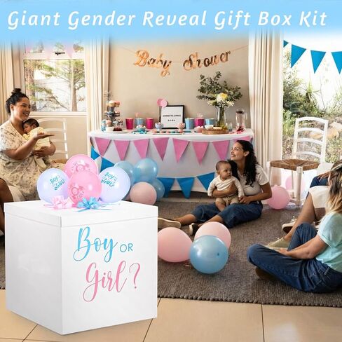 Kolldenn 28 Inches Jumbo Gender Reveal Gift Box with Lid Kit, Extra Large White Gift Box with Boy or Girl Balloon, Stickers and Giant Pull Bows for Gender Reveal Birthday Party Decor Baby Shower in Saudi Arabia