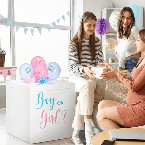 Kolldenn 28 Inches Jumbo Gender Reveal Gift Box with Lid Kit, Extra Large White Gift Box with Boy or Girl Balloon, Stickers and Giant Pull Bows for Gender Reveal Birthday Party Decor Baby Shower in Saudi Arabia