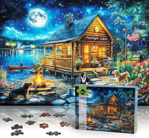 Puzzles for Adults 1000 Pieces - Jigsaw Puzzles 1000 Pieces Lakeside Cabin Moonlight - 1000 Piece Puzzles with Letters on Back - Puzzle for Fun Game Nights Gift- 27.6x20.5 inch, 1:1 Poster in Saudi Arabia