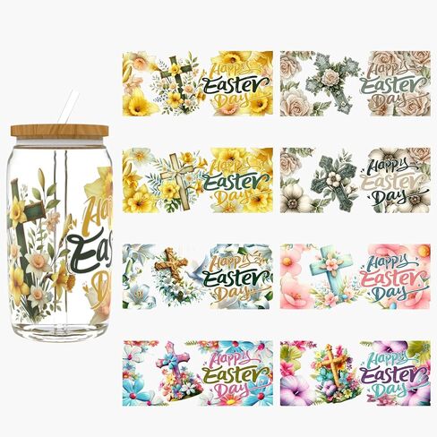 UV DTF Cup Wrap for 16oz Glass, 8 Sheets Easter Hopeful UV DTF Decals, Tumblers, Waterproof Rub on Transfer Stickers for DIY Wood Crafts in Saudi Arabia