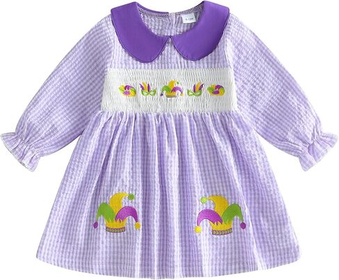 Kayotuas Toddler Girl Mardi Gras Outfit Ruffle Long Sleeve Doll Collar Dress Green Pruple Gold Striped Carnival Party Dresses in Saudi Arabia