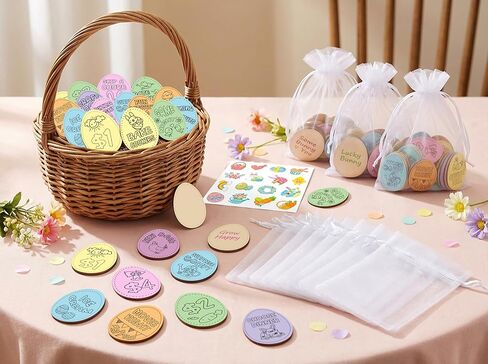 128PCS Easter Wooden Bunny Egg Tokens, Decorative Coins Basket Fillers Stuffers Party Favors Decorations in Saudi Arabia