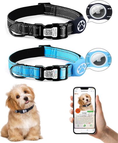 طوق كلب متوافق مع علامة Apple Air Tag لمكافحة الفقدان مع علامة معرف رمز الاستجابة السريعة القابلة للمسح الضوئي | السلامة العاكسة | ملاءمة مريحة وقابلة للتعديل | نايلون متين للكلاب من مقاس XXS إلى XL (أسود، XS) in Kuwait