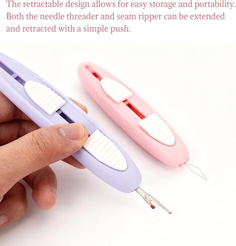 قطعتان 2 في 1 من أدوات خيط الإبرة وممزق الدرزات - باللون الوردي والأرجواني، تصميم مدمج وقابل للسحب للخياطة والحياكة والتطريز in Kuwait