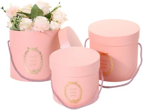 Set of 3 Cylinder Luxury Flower Boxes with Lids Round Florist Gift Packaging Cardboard Box for Flowers, Nested Floral Bouquet Favor Box for Anniversaries, Birthdays, Weddings, Mother's Day (Pink) in Saudi Arabia