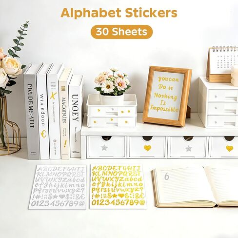 30 PCS Gold and Silver Glitter Stickers - Alphabet, Numbers, Symbols, Hearts, Stars - 77 Pieces per Sheet | Sparkling Decals for DIY Crafts, Scrapbooking, Party Decorations, Home and Holiday Projects in Saudi Arabia