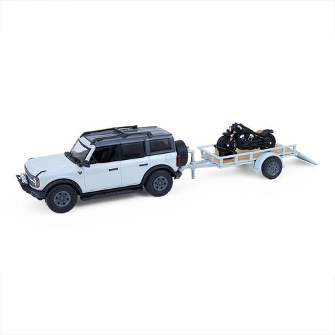 Greenlight 1/64 2021 Ford Bronco ذات 4 أبواب Badlands مع مقطورة فائدة ودراجة نارية، سلسلة وصلة سحب وسحب 33 32330-D in Kuwait