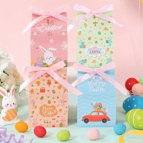 12 Pcs Easter Treat Boxes, 4 Colored Mixed Mini Rabbit House Favor Box with Bow Ribbon, Easter Party Paperboard Gift Box for Holiday Party Treat Cookie Goodie Snack Gift Packaging Supplies in Saudi Arabia