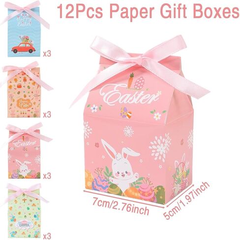 12 Pcs Easter Treat Boxes, 4 Colored Mixed Mini Rabbit House Favor Box with Bow Ribbon, Easter Party Paperboard Gift Box for Holiday Party Treat Cookie Goodie Snack Gift Packaging Supplies in Saudi Arabia