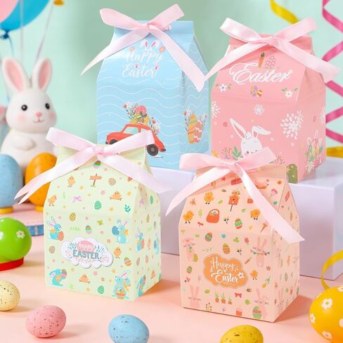 12 Pcs Easter Treat Boxes, 4 Colored Mixed Mini Rabbit House Favor Box with Bow Ribbon, Easter Party Paperboard Gift Box for Holiday Party Treat Cookie Goodie Snack Gift Packaging Supplies in Saudi Arabia
