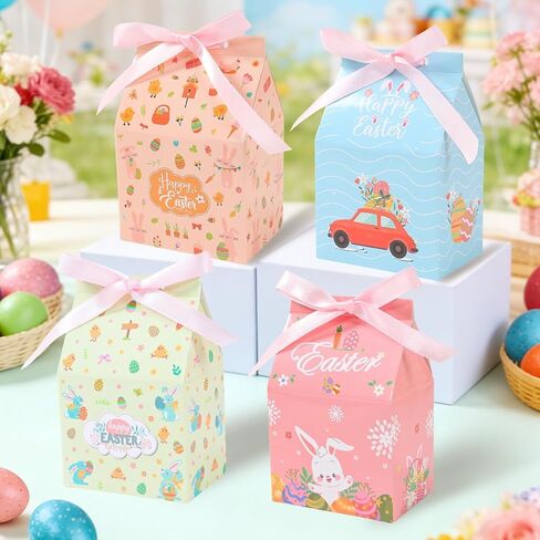 12 Pcs Easter Treat Boxes, 4 Colored Mixed Mini Rabbit House Favor Box with Bow Ribbon, Easter Party Paperboard Gift Box for Holiday Party Treat Cookie Goodie Snack Gift Packaging Supplies in Saudi Arabia