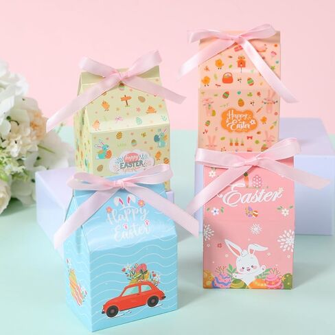 12 Pcs Easter Treat Boxes, 4 Colored Mixed Mini Rabbit House Favor Box with Bow Ribbon, Easter Party Paperboard Gift Box for Holiday Party Treat Cookie Goodie Snack Gift Packaging Supplies in Saudi Arabia