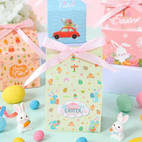 12 Pcs Easter Treat Boxes, 4 Colored Mixed Mini Rabbit House Favor Box with Bow Ribbon, Easter Party Paperboard Gift Box for Holiday Party Treat Cookie Goodie Snack Gift Packaging Supplies in Saudi Arabia