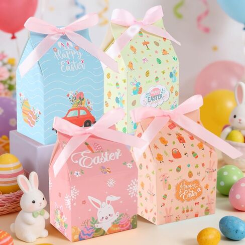 12 Pcs Easter Treat Boxes, 4 Colored Mixed Mini Rabbit House Favor Box with Bow Ribbon, Easter Party Paperboard Gift Box for Holiday Party Treat Cookie Goodie Snack Gift Packaging Supplies in Saudi Arabia