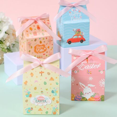 12 Pcs Easter Treat Boxes, 4 Colored Mixed Mini Rabbit House Favor Box with Bow Ribbon, Easter Party Paperboard Gift Box for Holiday Party Treat Cookie Goodie Snack Gift Packaging Supplies in Saudi Arabia