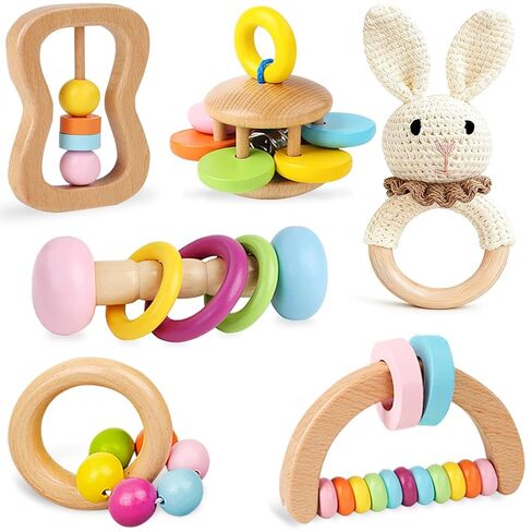 6 PCS Wooden Baby Rattle, Organic Colorful Baby Hand Rattles Set, Wood Rattles for Babies 0-6-12 Months, Wooden Teether Crochet Rattle Toy for Newborn Infant, Montessori Toys for Babies 0-6 Months in Saudi Arabia