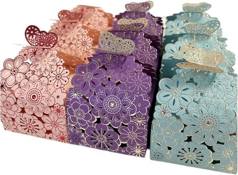 30pcs Laser Cut Floral Boxes - 2.6" x 2.6" x 1.6" for Wedding, Baby Shower, Birthday Parties - Purple, Pink, Blue in Saudi Arabia