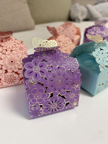 30pcs Laser Cut Floral Boxes - 2.6" x 2.6" x 1.6" for Wedding, Baby Shower, Birthday Parties - Purple, Pink, Blue in Saudi Arabia