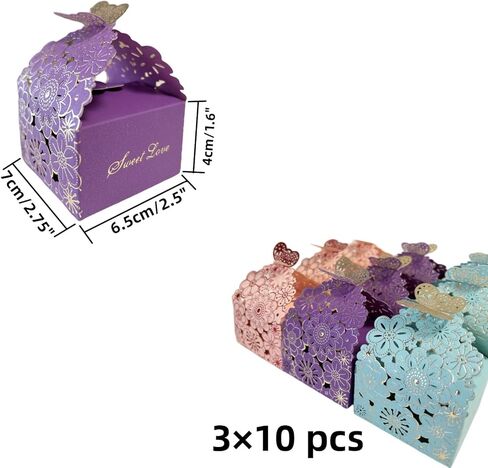 30pcs Laser Cut Floral Boxes - 2.6" x 2.6" x 1.6" for Wedding, Baby Shower, Birthday Parties - Purple, Pink, Blue in Saudi Arabia