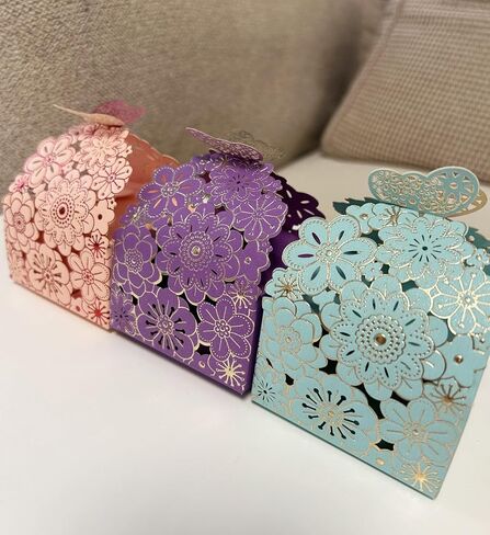 30pcs Laser Cut Floral Boxes - 2.6" x 2.6" x 1.6" for Wedding, Baby Shower, Birthday Parties - Purple, Pink, Blue in Saudi Arabia