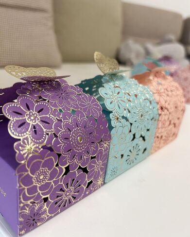 30pcs Laser Cut Floral Boxes - 2.6" x 2.6" x 1.6" for Wedding, Baby Shower, Birthday Parties - Purple, Pink, Blue in Saudi Arabia