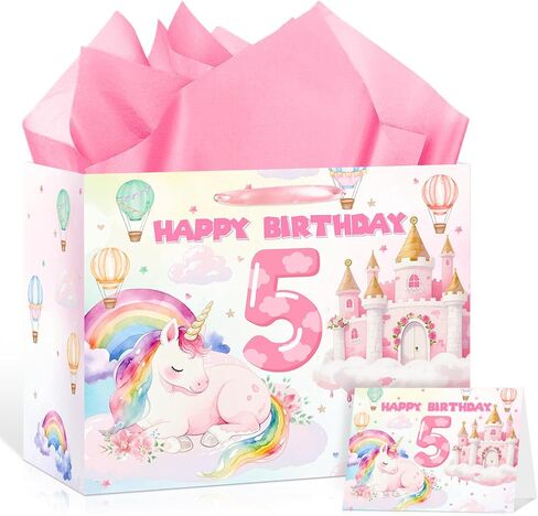 5th Birthday Party Gift Bag for Girls Pink Rainbow Horse Wrapping Paper with Tissue Paper Greeting Card Colorful Birthday Gift Bag 5 Number Sign Bag Pink Castle Theme Baby Shower Decor Supplies in Saudi Arabia