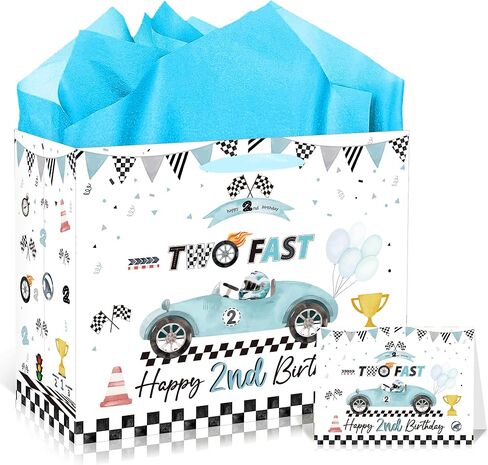 EoBeCy Two Fast Happy 2nd Birthday Gift Bags for Boys, Blue Racing Gift Bag with Handles, Tissue Paper and Greeting Card, Race Car Wrapping Paper for 2 Year Old Birthday Party Favor Supplies in Saudi Arabia