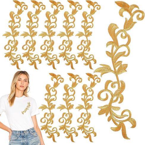 8PCS Gold Appliques Embellishments Metallic Leaves Embroidered Iron on Patch Patch Flower Vine Border Lace Applique Retro Boho Embroidered Appliques Long Scroll Motif for Dress Pillow Sewing Accessory in Saudi Arabia