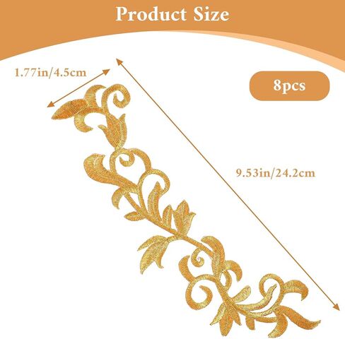8PCS Gold Appliques Embellishments Metallic Leaves Embroidered Iron on Patch Patch Flower Vine Border Lace Applique Retro Boho Embroidered Appliques Long Scroll Motif for Dress Pillow Sewing Accessory in Saudi Arabia
