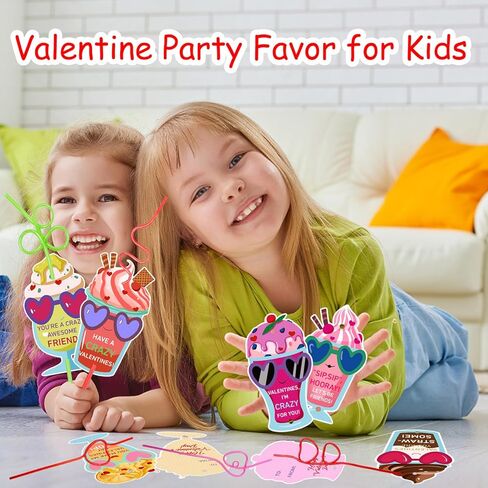 32 Pack Valentines Day Cards Gifts for Kids Crazy Straw Valentines Gifts for Girls Boys Classroom Gift Exchange, School Prizes, Party Favors in Saudi Arabia