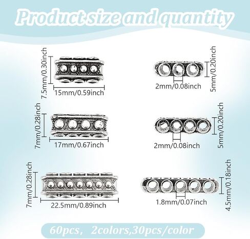 60 Pcs 6 Styles 2 Colors Multi Hole Metal Bar Spacers Links, Tibetan Style Rectangle Spacer Bar Link Connectors Multi Strand Separator for Jewelry Making in Saudi Arabia