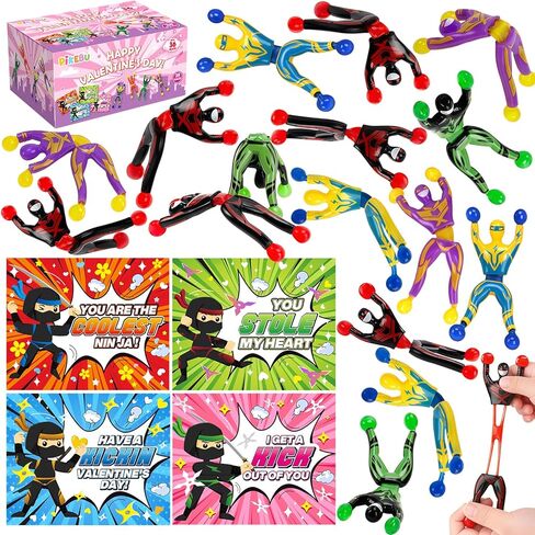 28 Pack Valentines Day Cards for Kids School with Sticky Wall Climbing Men Ninja Toys, Valentines Party Favors with Cards, Valentines Day Gifts for Kids, Classroom Prize Exchange for Boys Girls in Saudi Arabia