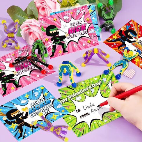 28 Pack Valentines Day Cards for Kids School with Sticky Wall Climbing Men Ninja Toys, Valentines Party Favors with Cards, Valentines Day Gifts for Kids, Classroom Prize Exchange for Boys Girls in Saudi Arabia