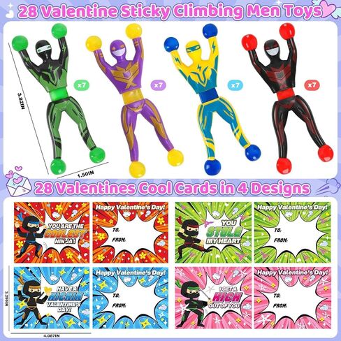 28 Pack Valentines Day Cards for Kids School with Sticky Wall Climbing Men Ninja Toys, Valentines Party Favors with Cards, Valentines Day Gifts for Kids, Classroom Prize Exchange for Boys Girls in Saudi Arabia