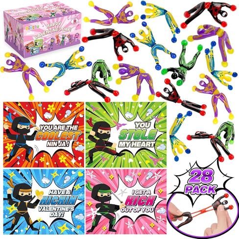 28 Pack Valentines Day Cards for Kids School with Sticky Wall Climbing Men Ninja Toys, Valentines Party Favors with Cards, Valentines Day Gifts for Kids, Classroom Prize Exchange for Boys Girls in Saudi Arabia