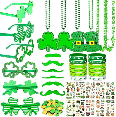 160Pcs St. Patrick's Day Party Favor Set, St Patricks Day Decorations with Shamrock Glasses, Necklaces, Bracelets, Tattoo Stickers, Mustaches, Lucky Coins for Irish Accessories Party Supplies in Saudi Arabia