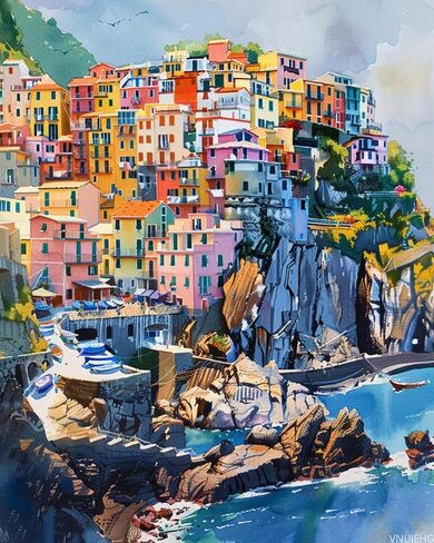 VNUIEHG Colorful Cinque Terre Paint by Numbers Kit for Adults, Modern Aesthetic Paint by Number on Canvas, Abstract Art Digital Oil Painting Kits Suitable for Home Wall Decoration Gift 20"x16" in Saudi Arabia