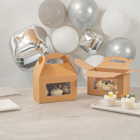 Bio Tek 8.5 x 4.8 x 5.5 Inch Gable Boxes For Party Favors, 25 Attractive Gift Boxes - Clear PET Window, Built-In Handle, Kraft Paper Gable Boxes, Greaseproof, For Parties in Saudi Arabia