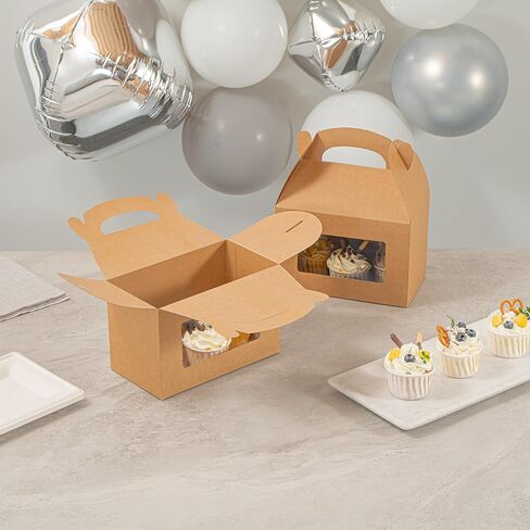 Bio Tek 8.5 x 4.8 x 5.5 Inch Gable Boxes For Party Favors, 25 Attractive Gift Boxes - Clear PET Window, Built-In Handle, Kraft Paper Gable Boxes, Greaseproof, For Parties in Saudi Arabia