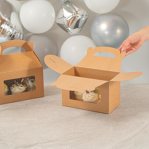 Bio Tek 8.5 x 4.8 x 5.5 Inch Gable Boxes For Party Favors, 25 Attractive Gift Boxes - Clear PET Window, Built-In Handle, Kraft Paper Gable Boxes, Greaseproof, For Parties in Saudi Arabia