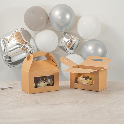 Bio Tek 8.5 x 4.8 x 5.5 Inch Gable Boxes For Party Favors, 25 Attractive Gift Boxes - Clear PET Window, Built-In Handle, Kraft Paper Gable Boxes, Greaseproof, For Parties in Saudi Arabia
