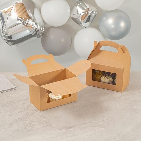 Bio Tek 8.5 x 4.8 x 5.5 Inch Gable Boxes For Party Favors, 25 Attractive Gift Boxes - Clear PET Window, Built-In Handle, Kraft Paper Gable Boxes, Greaseproof, For Parties in Saudi Arabia