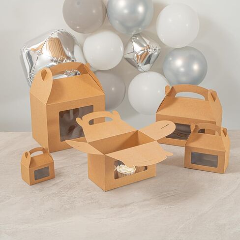Bio Tek 8.5 x 4.8 x 5.5 Inch Gable Boxes For Party Favors, 25 Attractive Gift Boxes - Clear PET Window, Built-In Handle, Kraft Paper Gable Boxes, Greaseproof, For Parties in Saudi Arabia