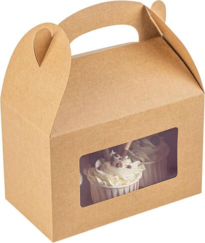 Bio Tek 8.5 x 4.8 x 5.5 Inch Gable Boxes For Party Favors, 25 Attractive Gift Boxes - Clear PET Window, Built-In Handle, Kraft Paper Gable Boxes, Greaseproof, For Parties in Saudi Arabia